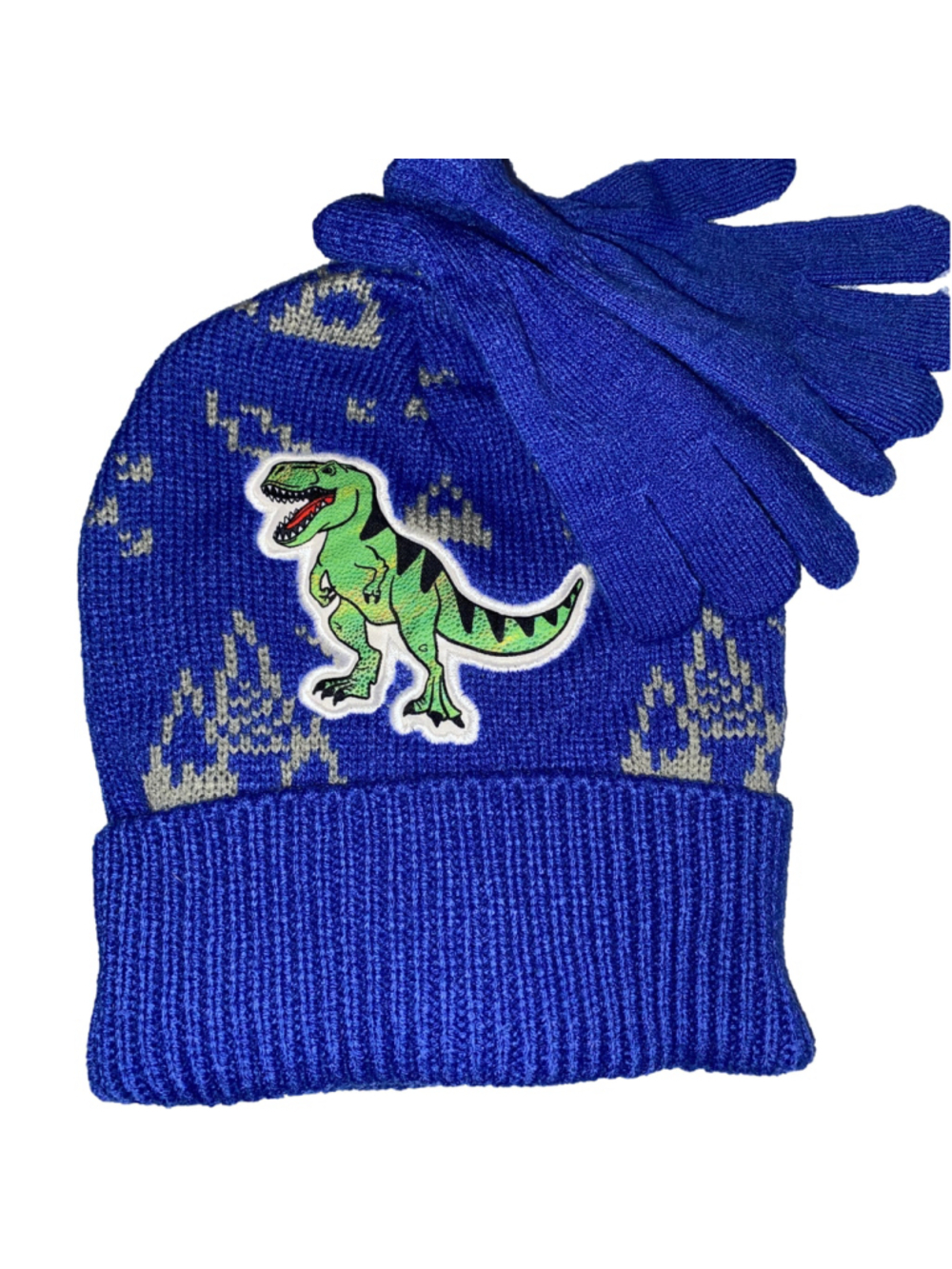 Kids Dinosaur T-Rex Beanie and Gloves Set Blue Green NWT